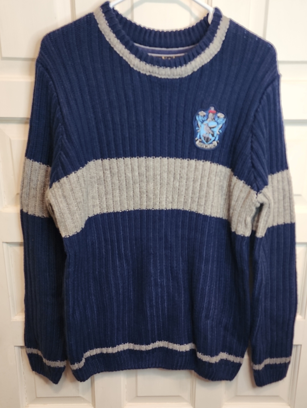 Harry Potter Men's Navy and Light Gray Ribbed Crewneck Sweater With Ravenclaw